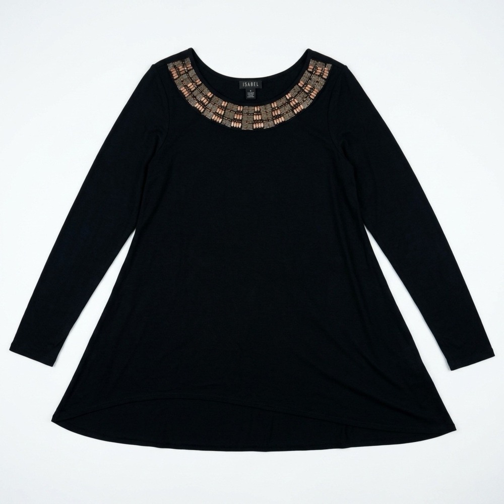 Isabel Tunic Top Womens Large Black Beaded Neckline Asymmetrical Hem Long Sleeve